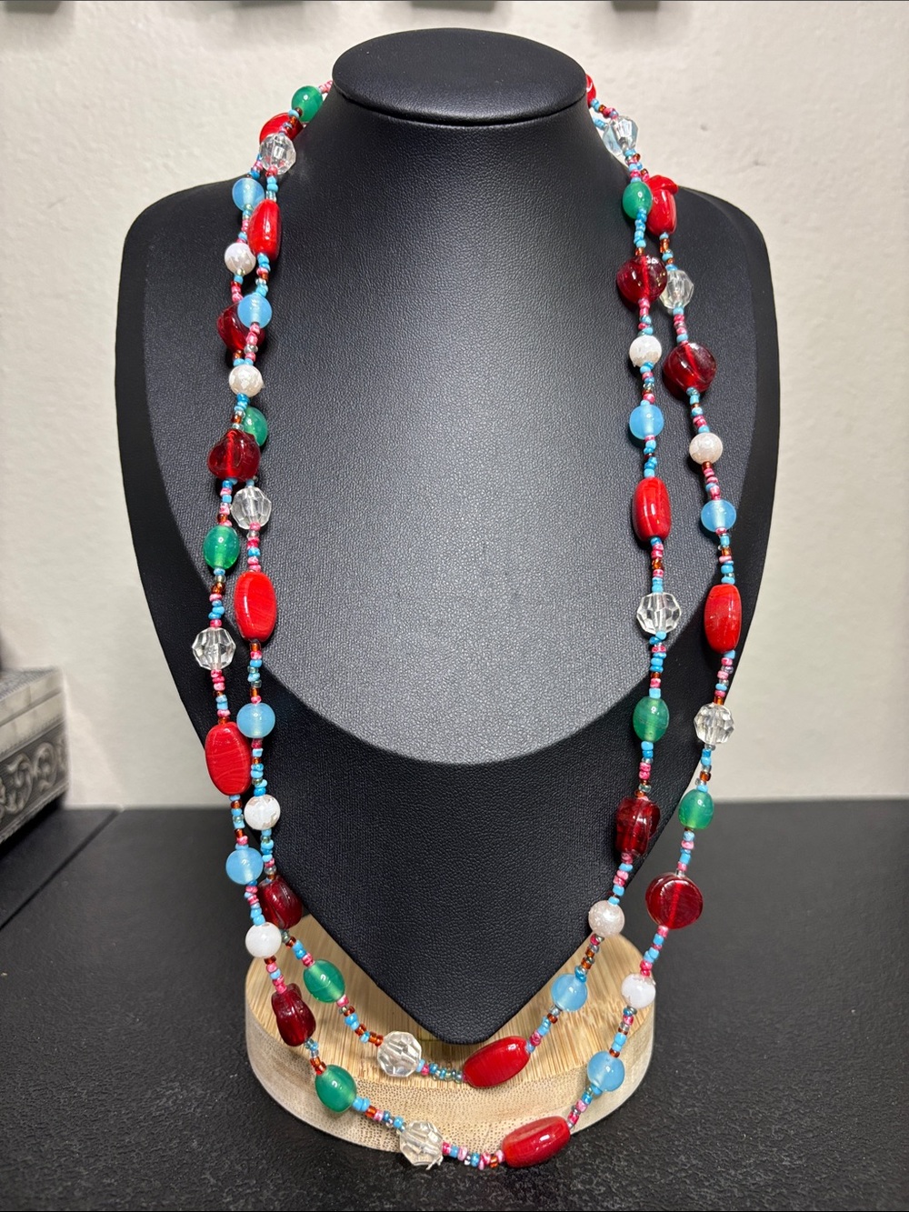 Vintage Multi-Color Glass Bead Long Necklace - Red, Blue & Green